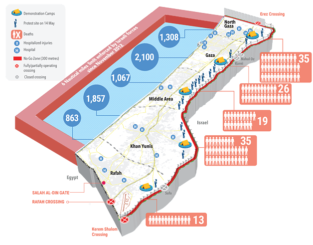 Situační mapka protestů v pásmu Gaza