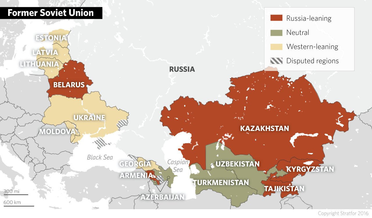 Aktuální mapka rozložení vztahů k Rusku v zemích bývalého SSSR