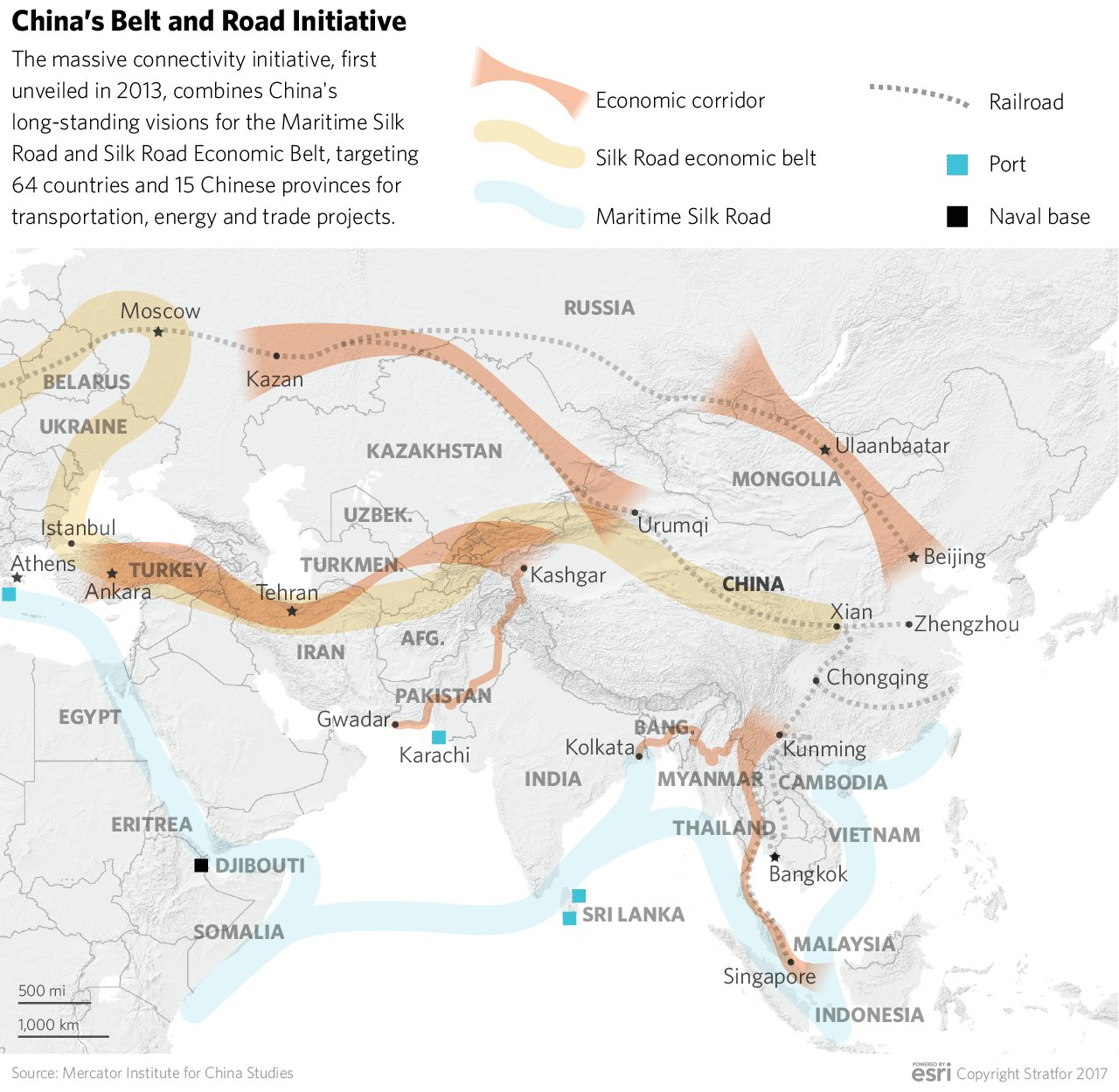 Mapka čínské strategie ekonomického “napojení” země na světovou ekonomiku.