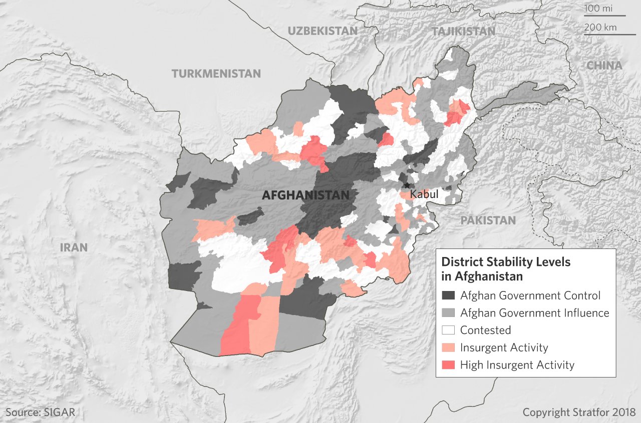 Mapa stability v jednotlivých oblastech Afghánistánu