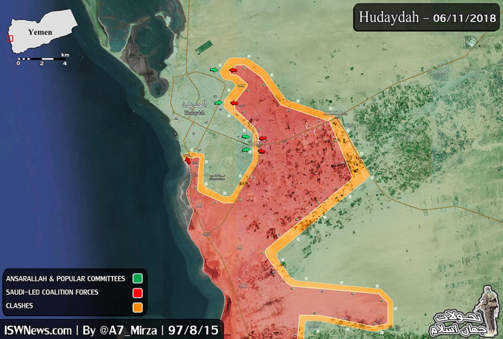 Mapa vojenské situace v Jemenu u přístavu Hodajda