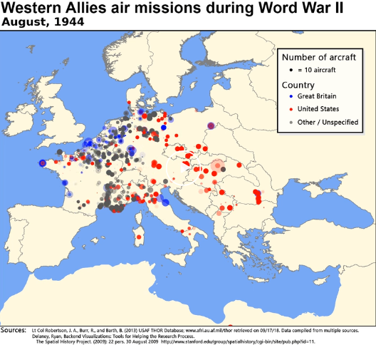 Časová mapa náletů Západních spojenců v Evropě během WWII