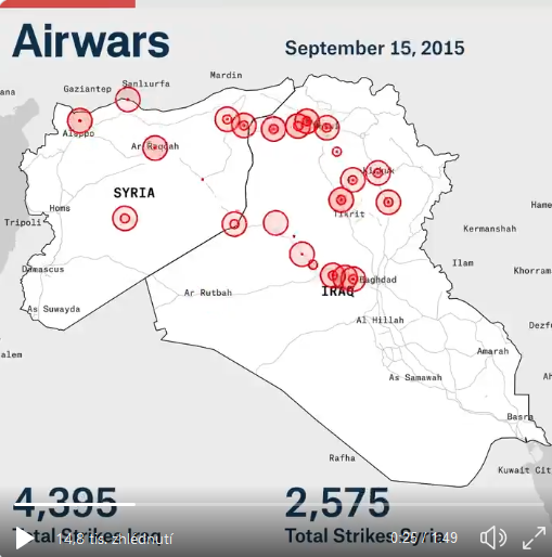 Mapa náletů US koalice proti IS v Sýrii a Iráku od Srpna 2014